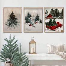 3 sztuki Wesołych Świąt, Wiejski Domek Bożonarodzeniowy Malowanie Ścienne, Zimowe Malowanie Ścienne, Dekoracja Świąteczna, Wygodna Dekoracja, Nadruk Choinki, Dekoracja Domu Bożonarodzeniowego, Logo Bożonarodzeniowe, Plakat Ścienny Na Płótnie, Idealny Prezent Do Sypialni Salonu Korytarz. Sztuka Ścienna Z Ramą