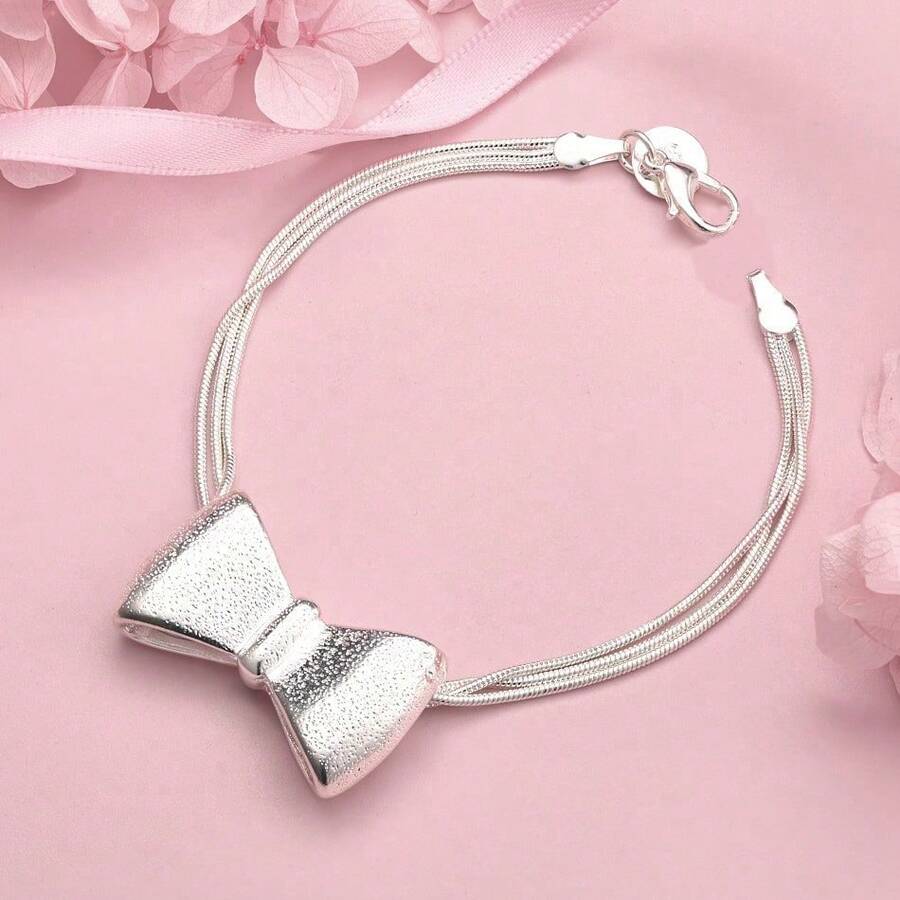 1 件 925 银 8 英寸精致蝴蝶结手链时尚饰品女士圣诞礼物珠宝派对配饰 - 銀色 - 查看 1