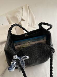 1 pièce Sac à main décontracté pour femme, grande capacité, nouvelle texture tissée de 2025, couleur unie simple et polyvalente, sac à bandoulière avec motif gaufré, sangle confortable et distinctive, convient aux étudiantes, aux courses, aux sorties et aux vacances, livré avec un ruban décoratif