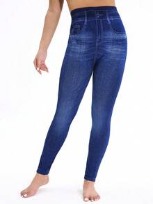 1条装玫瑰花图案女士高弹力紧身打底裤，蓝色仿牛仔破洞外观，柔软舒适，适合健身、跑步、户外、度假、约会、工作、派对、音乐节、秋冬季等场合，舒适保暖。 - 彩色 - 查看 15