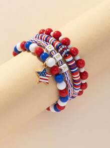 Pulseira com 4 peças de contas vermelhas, brancas e azuis para o Dia da Independência dos EUA, ideal para combinar com vestidos de festa do Dia Nacional.