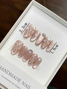 Handmade Pink Almond-Shaped 3D Butterfly Cat Eye Design Clip-On False Nails - Baby Pink - View 3