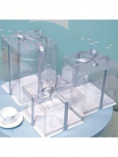 生日派对礼品8英寸包装盒透明白色防尘手办动漫展示礼物包装盒包含1根约3码灰色绑带
