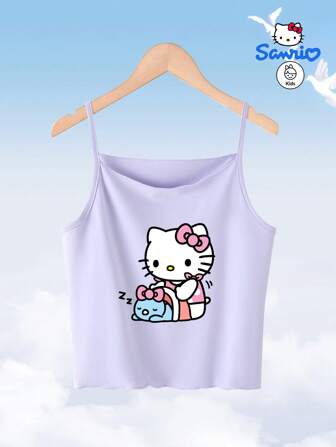 Sanrio Een lieflijk en schattig basistopje, geautoriseerd door Sanrio, met een paars tanktopje met print voor Hello Kitty. Het is koel en comfortabel om te dragen in de zomer en kan als onderlaag worden gedragen.