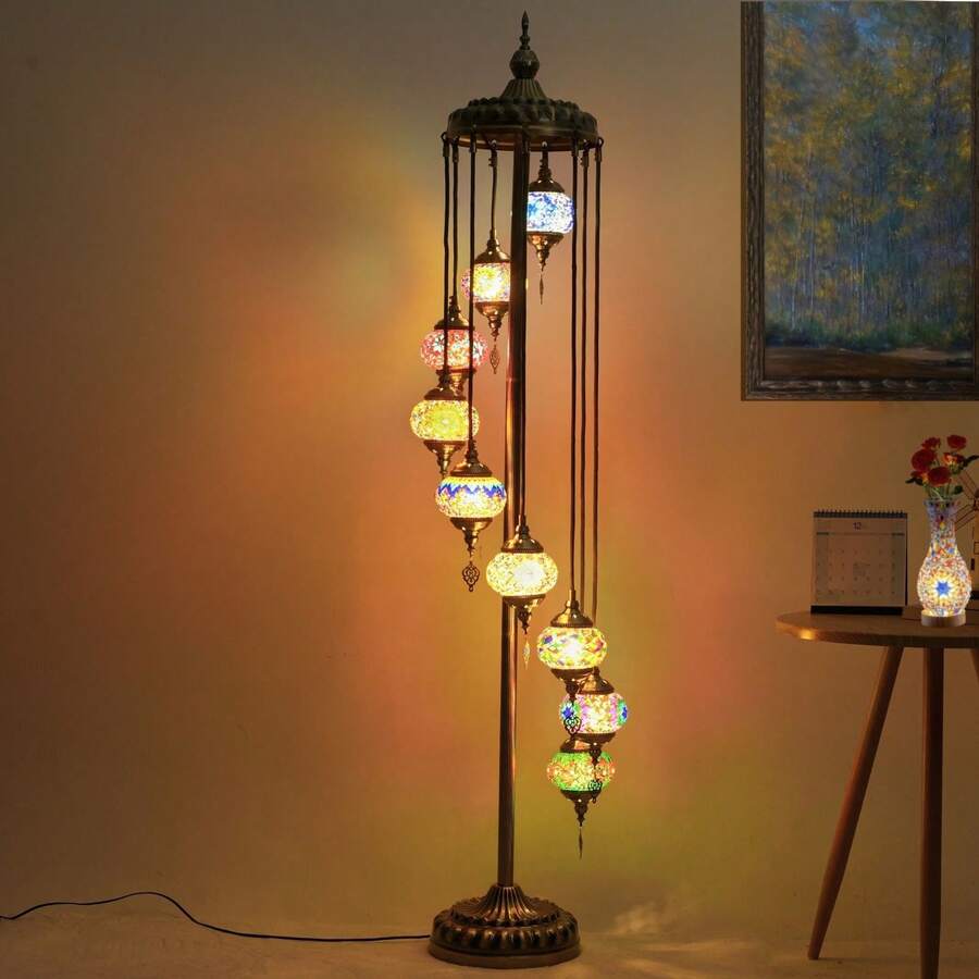Handcrafted Turkish Mosaic Floor Lamp, 74in Tall Rainbow Color 9 Globe Standing Light, Moroccan Design With 5.2in Glass Spheres For Home Decor - View 1