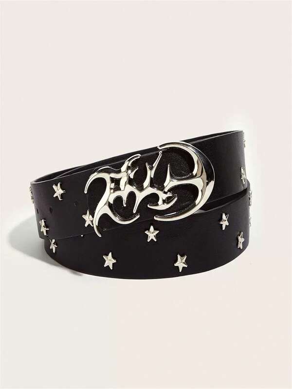 1pc Women's Black Star Snap Buckle Vintage American Style Belt, Suitable For Decoration Of Jeans, Party, Daily Wear, Music Festival Matching
