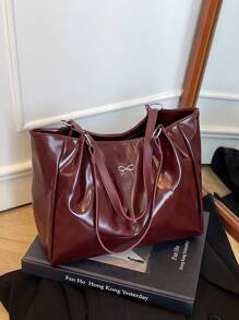 Women's Fashion Patent Leather Shoulder Bag, Butterfly Metal Decor, Lady Tote Bag For Work And Commuting