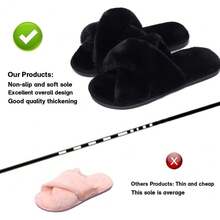 Local Delivery--LZLER Women's Cross Band Slippers, Soft Plush Fleece Lightweight Non Slip Open Toe Flip Flop Shoes House Indoor Outdoor Fur Fuzzy Slippers - 黑色 - 查看 5