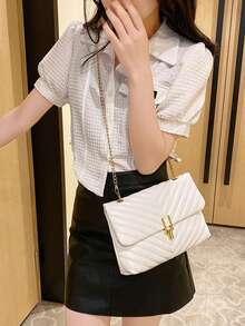 1 件时尚百搭刺绣锁链肩带斜挎包，节日礼物 - 白色 - 查看 5