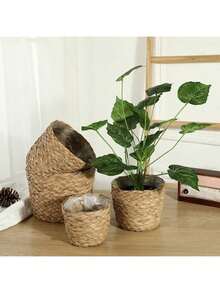 1 peça de cesta de palha trançada à mão, capa de vaso de vime para decoração de sala de estar, feita de cordas de ervas marinhas - Castanho - Ver 1