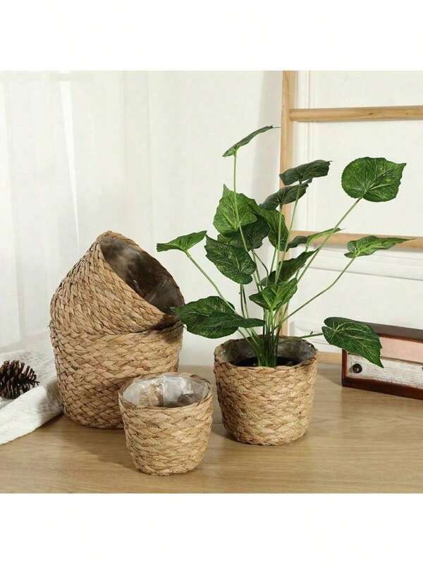 1pc Handwoven Straw Planter Basket, Wicker Plant Pot Cover For Home Living Room Decor, Made Of Seagrass Ropes