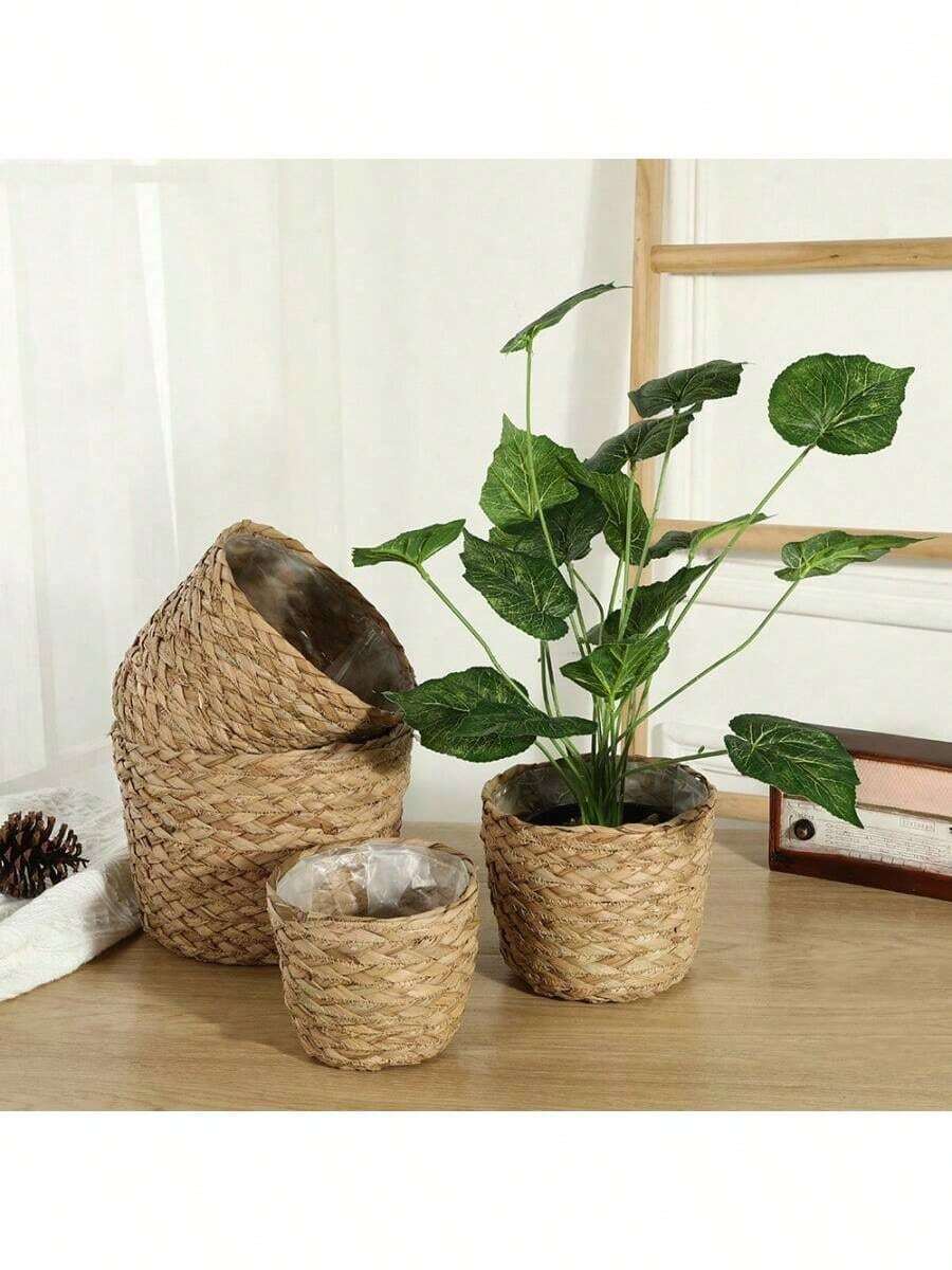 1 peça de cesta de palha trançada à mão, capa de vaso de vime para decoração de sala de estar, feita de cordas de ervas marinhas - Castanho - Ver 1
