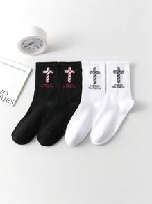 1/2/5/10 Pairs Cross Print Solid Black/White Unisex Sports Socks, Suitable For Outdoor, Cycling, Running, Yoga, Basketball, Versatile All Season Mid-Calf Socks
