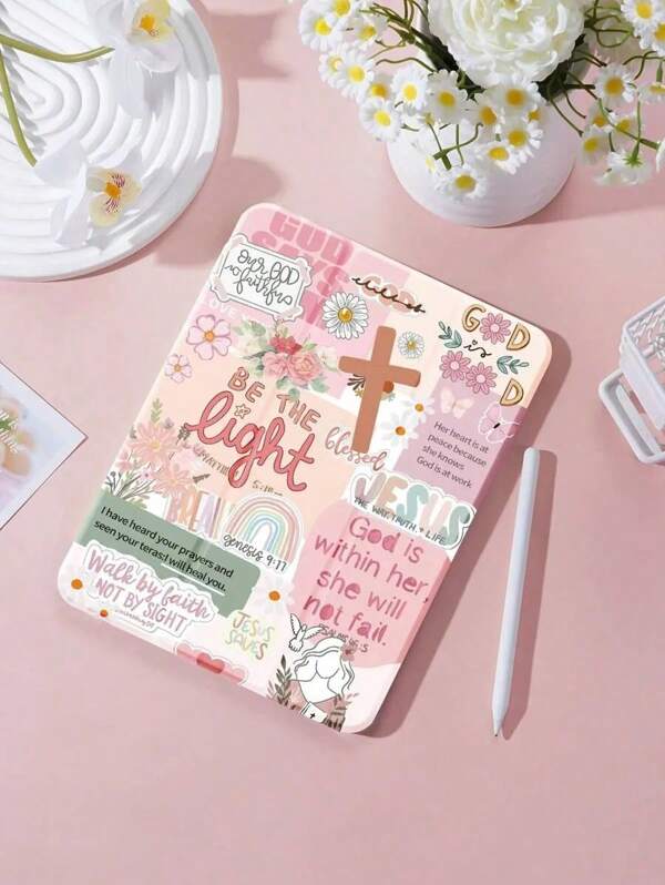 Pink Girly Christian Collage God Jesus Bible Verse Cross Pattern Compatible With IPad Case Generation 11th/10th/9th/8th/7th/6th/5th/10.9/10.2/ 9.7 Inch,IPad Air 13/11/10.9/10.5/9.7 Inch,IPad Pro 13 Inch(M4)/12.9/11/10.5 Inch, IPad Mini4/Mini5 7.9 Inch,Tablet  Built-In Pen Tray,Supports Automatic Sleep/Wake Lid Ins Style Leather+Tpu Anti-Fall, Shock-Proof Soft Cases Back To School Gift