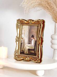 1 Stück, Europäischer Retro Barock Dreidimensionales Muster dekorativer Fotorahmen, Harz Material Gold Retro Gold Heim Büro Dekorativer Fotorahmen Ornamente, Horizontal und Vertikal Dual-Zweck Fotorahmen, Schlafzimmer Arbeitszimmer Schreibtisch Foto dekorativer Fotorahmen