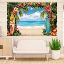 1 pièce Bannière 2D avec un paysage floral tropical et un fond de plage hawaïenne vibrant avec des arbres tropicaux et un design de planche de surf - convient pour les mariages, les anniversaires, les célébrations - sans électricité requise