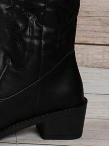 Women's Chunky Western Boots, Embroidered Pointed Toe V-Cut Cowgirl Boots, Versatile Mid Calf Boots
