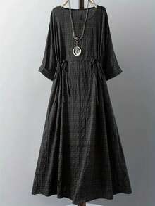 大码女式时尚休闲度假系带抽绳连衣裙 - 黑色 - 查看 1