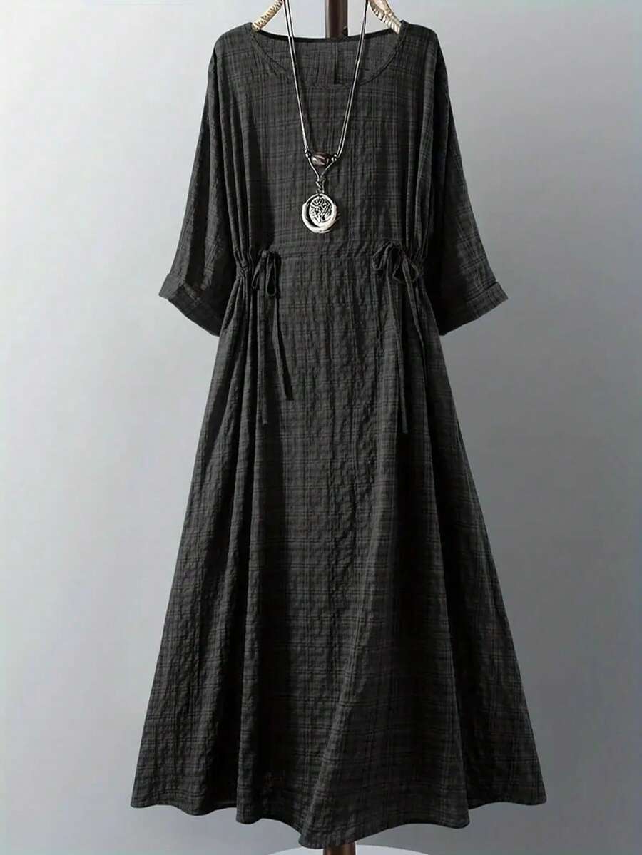 大码女式时尚休闲度假系带抽绳连衣裙 - 黑色 - 查看 1