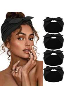 2 pièces/4 pièces Serre-têtes larges noirs en forme de nœud pour femmes, bandeaux anti-dérapants pour yoga/entraînement, accessoires capillaires en fibre de polyester, bandeau turban, tour de tête absorbant la sueur
