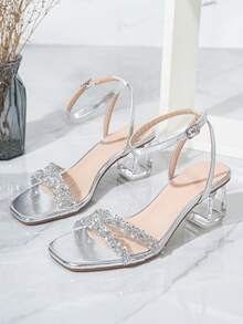 Spring/Summer Women's Elegant Crystal Heel Rhinestone Glass Rhinestone Silver High Heel Sandals, Suitable For Outings, Banquets, Parties And Other Activities - Silver - View 8