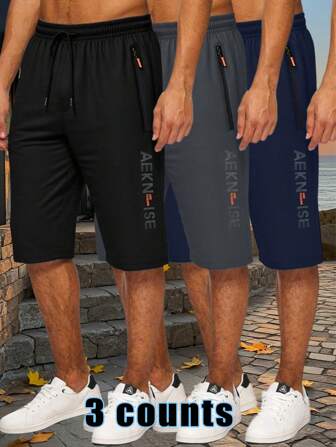 3pcs Men's Sports Outdoor Quick-Dry Breathable 3/4 Length Shorts For Running Cycling Casual Wear