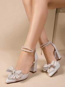 2025 春夏新款水晶装饰尖头蝴蝶结透明带法式细高跟凉鞋，优雅，女士高跟鞋 - 白色 - 查看 5