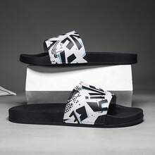 夏季男士涂鸦印花家居拖鞋，室内户外沙滩人字拖，休闲黑色大码软底情侣凉鞋【涂鸦图案随机】