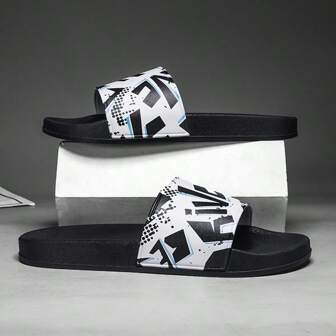 夏季男士涂鸦印花家居拖鞋，室内户外沙滩人字拖，休闲黑色大码软底情侣凉鞋【涂鸦图案随机】