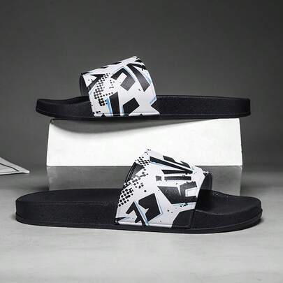 夏季男士涂鸦印花家居拖鞋，室内户外沙滩人字拖，休闲黑色大码软底情侣凉鞋【涂鸦图案随机】