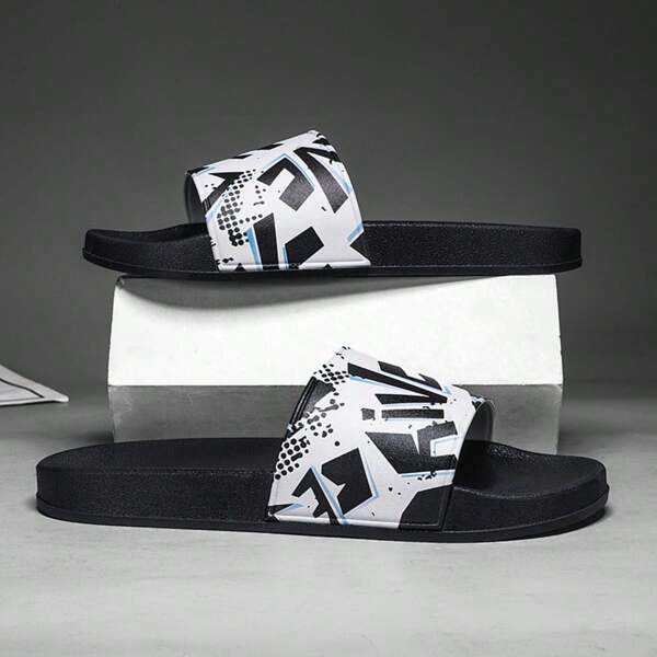 Summer Men's Graffiti Print House Slippers, Indoor Outdoor Beach Flip Flops, Casual Black Plus Size Soft Sole Couples Sandals [Graffiti Pattern Random]