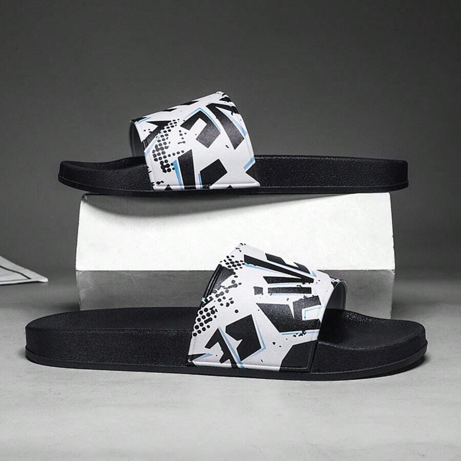 夏季男士涂鸦印花家居拖鞋，室内户外沙滩人字拖，休闲黑色大码软底情侣凉鞋【涂鸦图案随机】