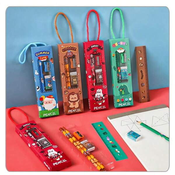 1 set de stylos de 5 en 1 mignons dans une boîte cadeau de style dessin animé. Ensemble de 5 pièces, cadeaux de compagnon pour étudiants, prix, cadeaux de rentrée scolaire. Crayons HB pour dessiner et croquer, et crayons à gomme pour l'examen d'entrée à l'école élémentaire.