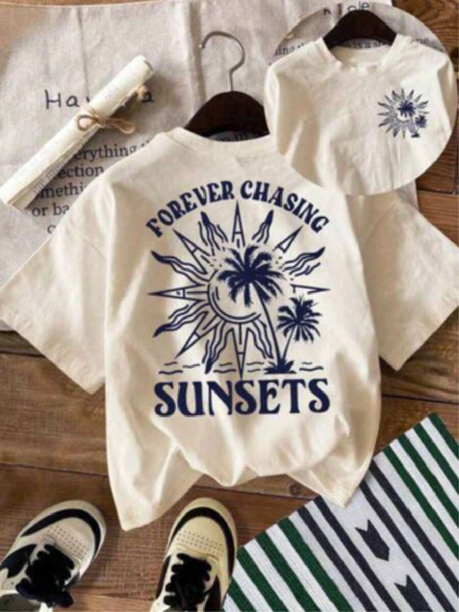 Camiseta casual de mujer con estampado de letra de árbol de palma - Beis - Ver 1