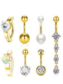 1 Set (7pcs) White Stone Butterfly Zirconia Navel Rings, Women Belly Button Piercing Crystal Navel Studs Body Jewelry Set