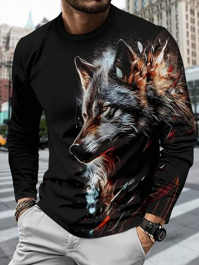 Cómoda camisa de cuello redondo de manga corta con estampado completo de lobo vívido - Estampado de moda para hombres para uso casual diario, al aire libre y actividades en el hogar, otoño