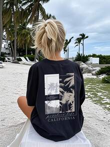 Women's Summer New Simple Slogan Print Casual Vacation Loose Fit Round Neck Apricot Short Sleeve T-Shirt, Fashionable Everyday Top, Suitable For Daily And Vacation Wear - Black - View 3