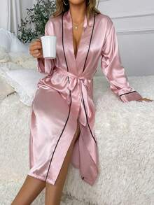 1 件女士优雅奢华 V 领腰带设计浴袍，时尚简约家居服女士性感开衫浴袍，长款浴袍，四季皆宜，浴室浴袍，长款睡衣，浴室睡衣，家居睡衣，适用于客厅、卧室、厨房、旅行、学校返校 - 粉色 - 查看 7