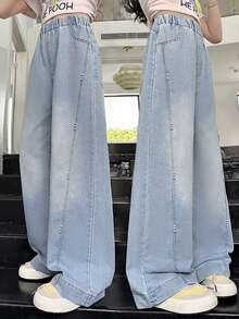 Tween 女童休闲做旧珍珠缀饰阔腿牛仔裤 - 藍色 - 查看 1