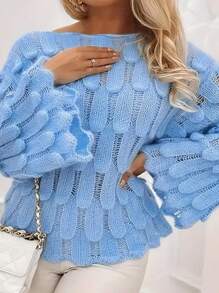 Spring & Autumn Plain Color Elegant Casual Minimalist Versatile Round Neck Hollow Out Loose Long Sleeve Knitted Sweater, Plus Size