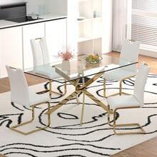 Sumdeal 63" Glass Dining Table Set For 4,Sumdeal 63" Glass Dining Table Set For6,Silver/Gold Base Dining Room Table With 4/6 Silver/Golden Leg C Shape Chairs,63" Modern Glass Dining Table With Gold/Silver Leg - 1張桌子和4張白色金腿椅子 - 查看 1
