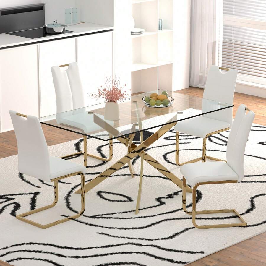 Sumdeal 63" Glass Dining Table Set For 4,Sumdeal 63" Glass Dining Table Set For6,Silver/Gold Base Dining Room Table With 4/6 Silver/Golden Leg C Shape Chairs,63" Modern Glass Dining Table With Gold/Silver Leg - 1張桌子和4張白色金腿椅子 - 查看 1