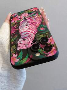 1 Patrón pintado de flor de Leopardo rosa de moda, funda de teléfono móvil anti-caída de material de TPU mate negro que se puede regalar a novio y novia compatible con Apple, OPPO, teléfono celular vivo y otros modelos de protección Cases