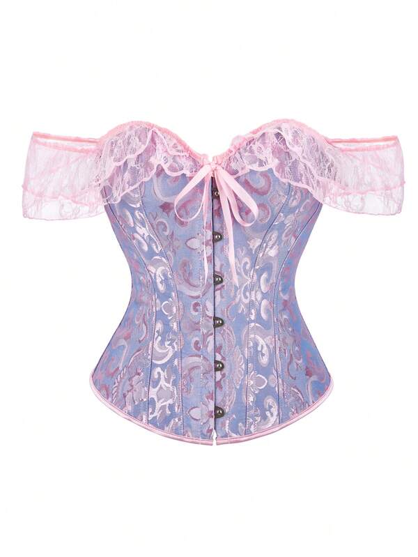Plus Size Vintage Lace Off-Shoulder Waist-Cincher Bustier Top, Retro Jacquard Corset Bustier