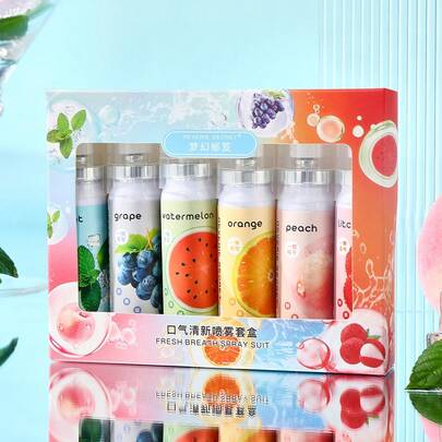 6 包口气清新喷雾套装 - 便携式漱口水，水果味口腔喷雾，预约漱口护理喷雾，低过敏性，持久水果味，清新薄荷味，随时随地清新口气