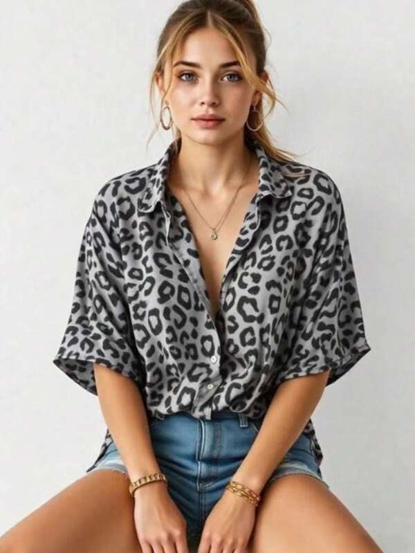 Women Leopard Print Button Down Short Sleeve Shirt Blouse, Suitable For Holiday, Daily Wear, Travel In Spring, Summer And Autumn