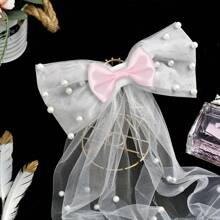 Custom Eternal Elegant Bridal Headpiece With Bow And Veil, Pearl Bow Hair Clip Tulle Veil Headband, Multiple Color Options, White Sheer Clip-On Wedding Accessories Suitable For Brides, Bridesmaids, Graduations And Bridal Parties