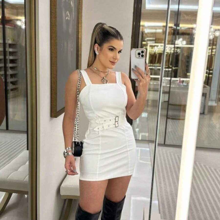 Women's Short Leather Dress With Sleeveless And Buckle - White - View 1