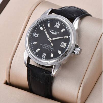 LONGLUX 1 Đồng hồ cơ tự động chống nước có lịch đơn cho nam, mặt số phát sáng, dây đeo bằng da doanh nhân