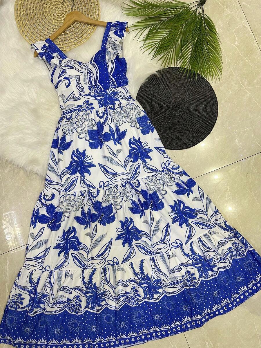 Long Dress PRINTED With Lining With Cup In Beautiful, Fashionable CREPINHO Fabric - Medium Wash - View 1